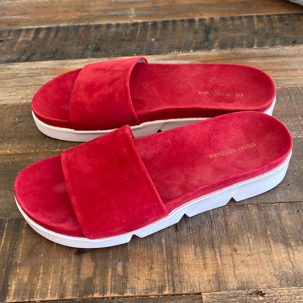 Stuart Weitzman Red Suede Slide Sandals with White Platform